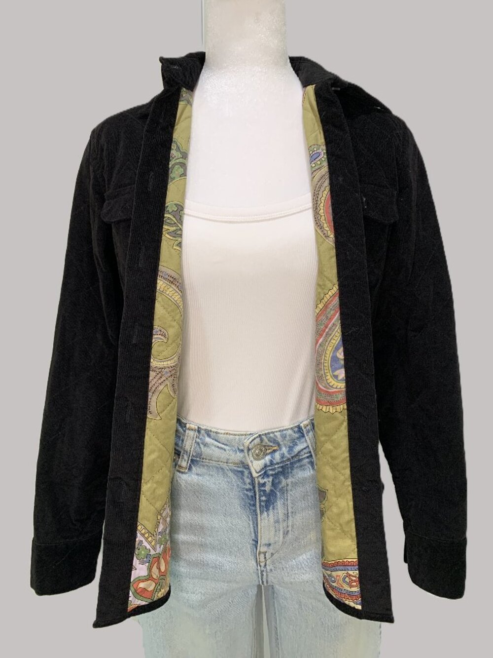 Talbots Black Women Corduroy Jacket Button Front Quilted Paisley Lining Size P